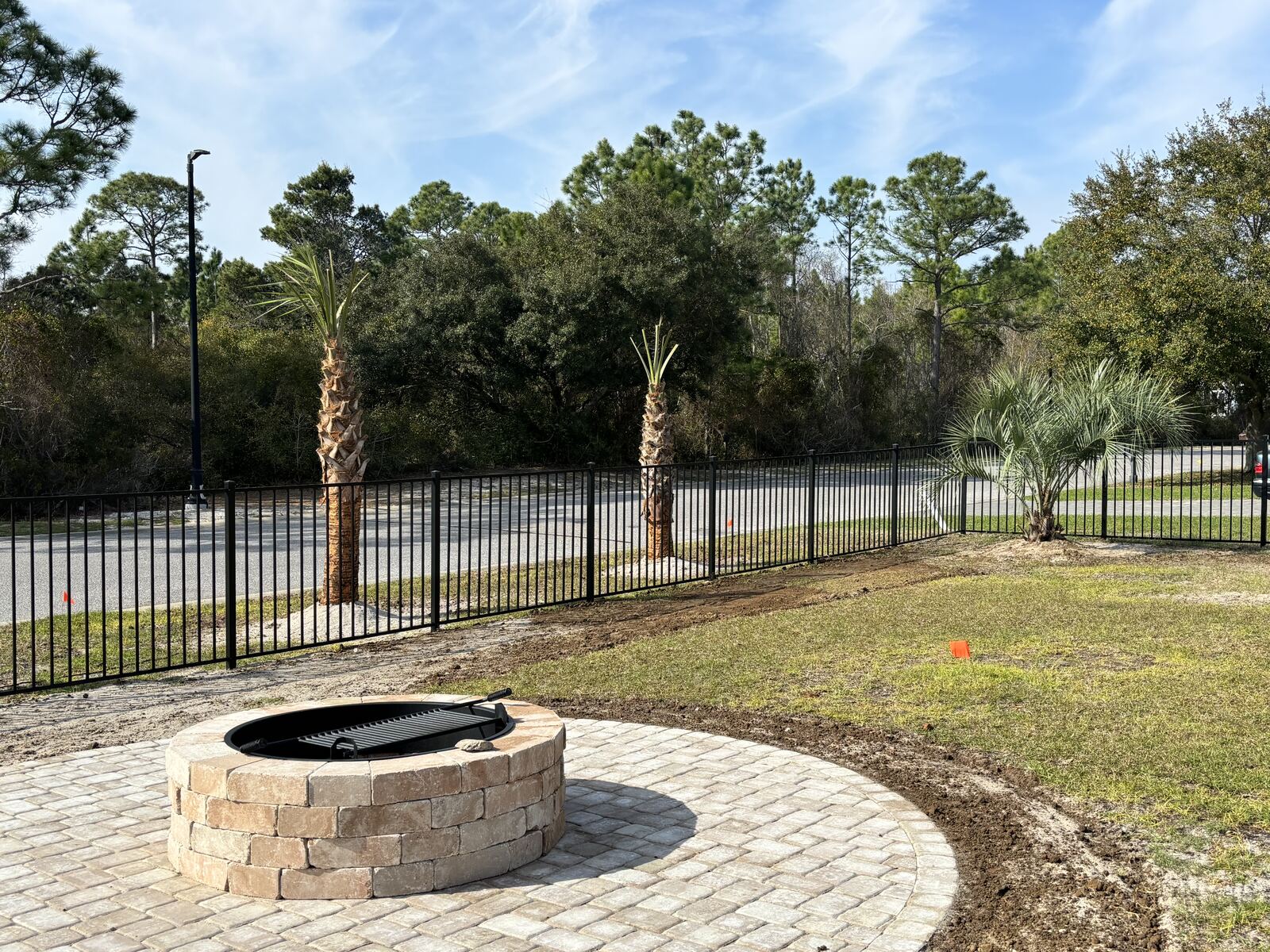 Paver fire pit circle with palms and levelled lawn